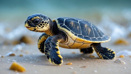 Obraz premium Hatchling hawksbill sea turtle making its way to the ocean