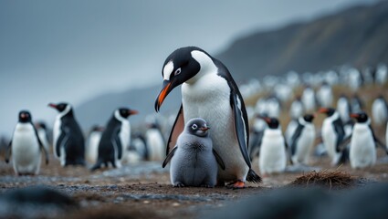 Fototapeta premium Gentoo Penguin with its chick among a colony at Volunteer Point in the Falkland Islands.