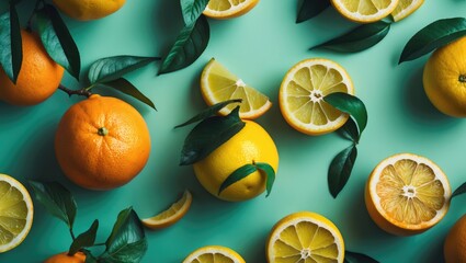 Hand-painted citrus fruits arranged in a continuous design against a mint-colored background.