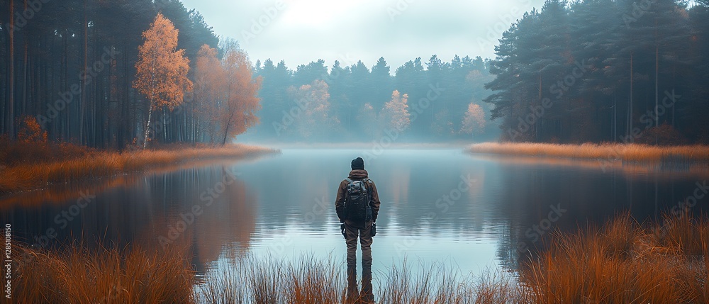 Poster person standing in serene lake surrounded by autumn fog and trees in an ethereal landscape : generat