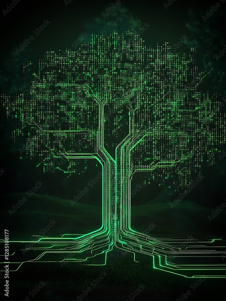 Aufkleber Futuristic tree design integrating digital elements and glowing lines representing technology and nature : Generative AI