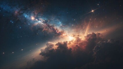 Fototapeta premium celestial nebula at night, cosmic bursts, and planetary silhouette