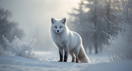 Obraz premium Arctic fox in the winter season (Vulpes lagopus), often referred to as the snow, polar, or white fox, is a small species found in the Arctic regions of the Northern Hemisphere, prevalent across the...
