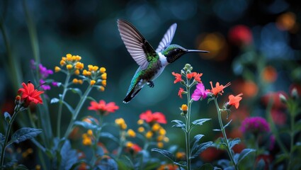 Fototapeta premium Moro Sphinx or Hummingbird moth gathering nectar from blooming flowers