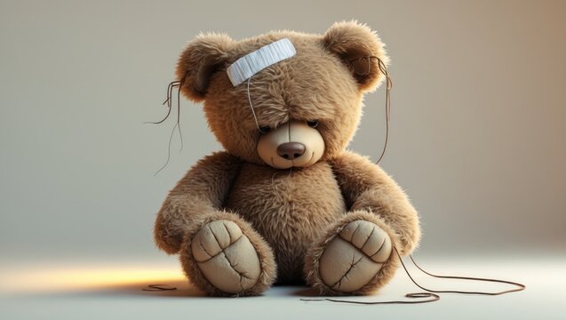 Injured teddy bear with a bandage on its head looking forlorn.