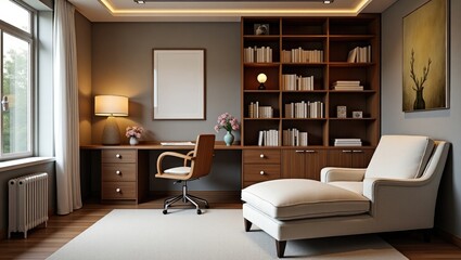 Inviting workspace featuring a desk, bookshelf, and chaise lounge. Interior decor.