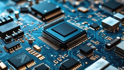 Fototapeta premium Detailed view and abstraction of a circuit board featuring electrical components for AI purposes
