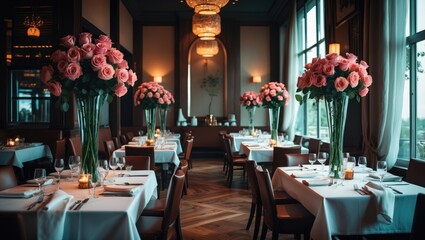 Dining area featuring tables adorned with tall rose vases