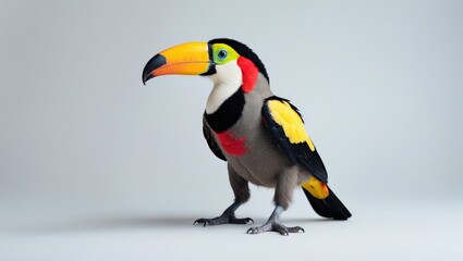 young toucan with vibrant colors set against a plain white background, minimalistic design