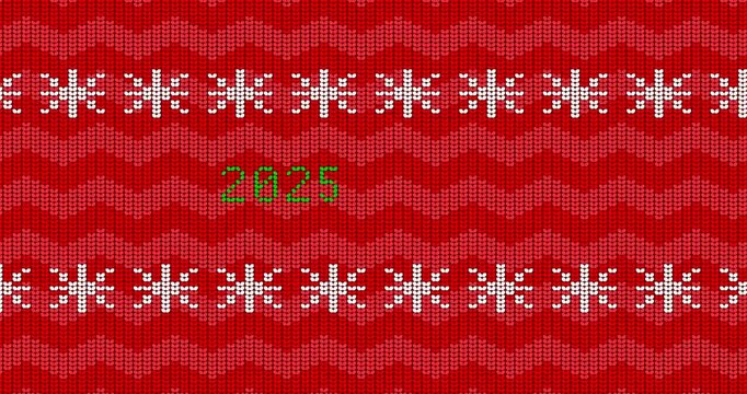Ugly sweater animated video with number 2025. Animation of Winter knitted sweater pattern in red, white and green.