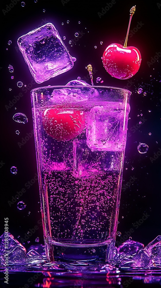Poster A vibrant sparkling drink with cherries and ice cubes splashing in an artistic setting : Generative AI