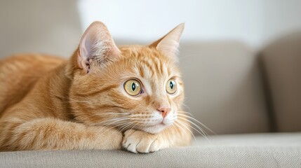 A curious orange cat lies on a couch, gently resting its head on its paws while gazing intently at something off-screen.