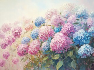 Pastel hydrangeas blooming in garden, soft light background, nature scene, home decor