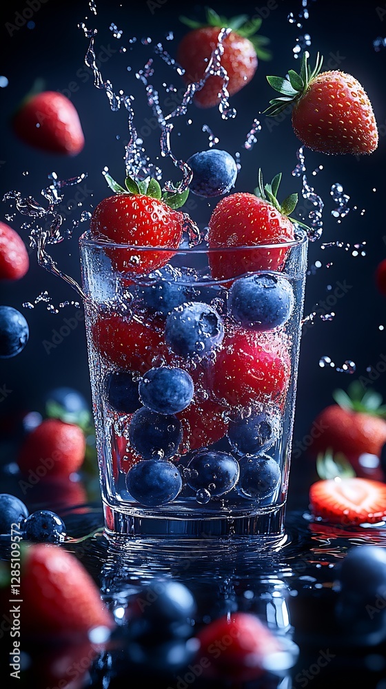 Poster refreshing glass of water splashing with strawberries and blueberries creating vibrant visual : gene