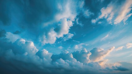 Obraz premium Sky background featuring a blue, cloud-filled atmosphere, ideal for wallpapers or screensavers, with space available for text or advertising.