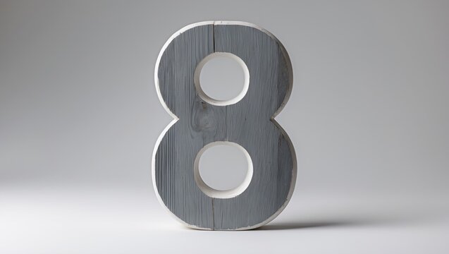 Thick, bold font showcasing a rustic gray and white wooden number eight 8, isolated against a white background with a clipping path, featuring a textured wood grain appearance.