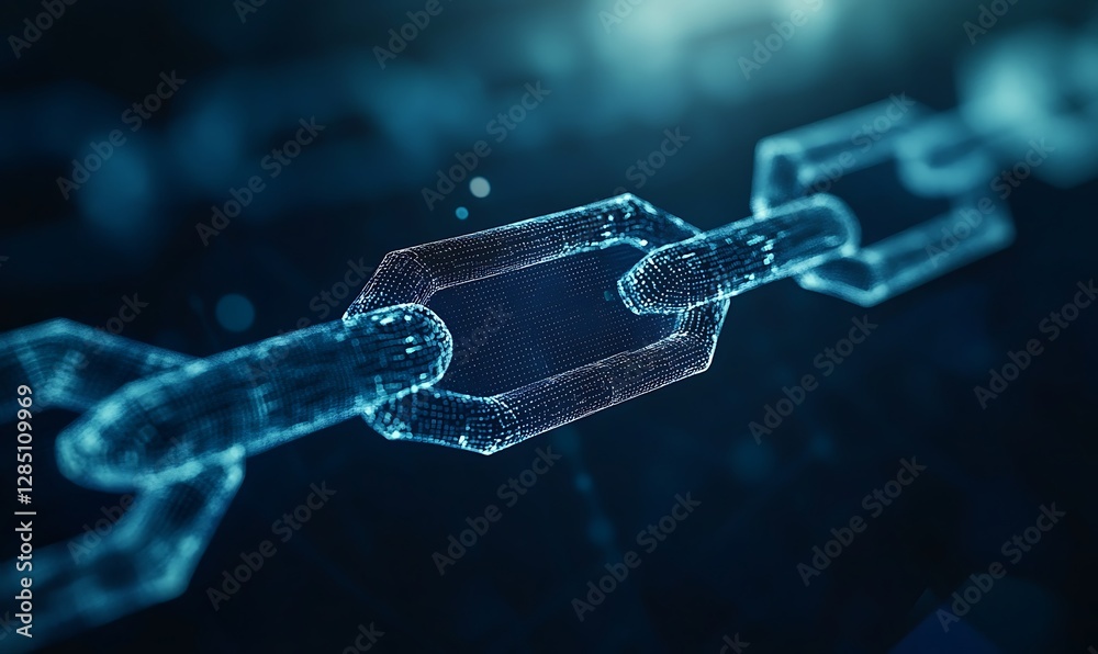 Aufkleber futuristic digital chain links illustrated with glowing particles on a dark background.