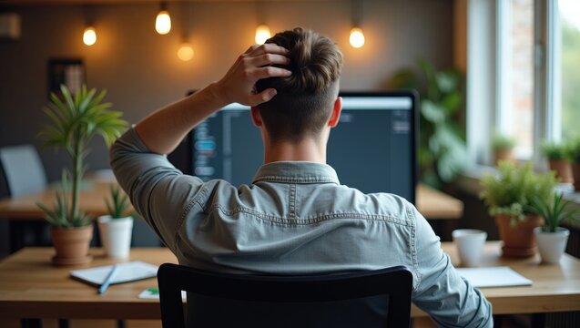 Contemplating innovative ideas. Back view of a young man in casual attire with his hand resting on the back of his head, working at a desk in a creative workspace.