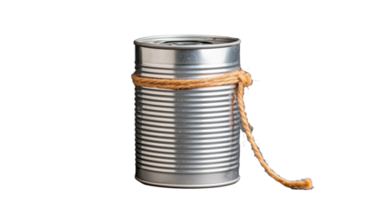 Silver tin can tied with twine on transparent background