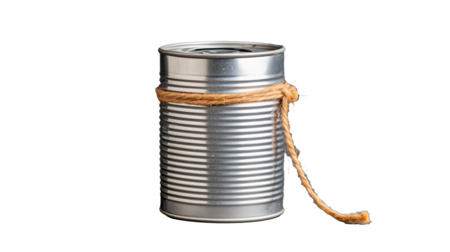 Silver tin can tied with twine on transparent background