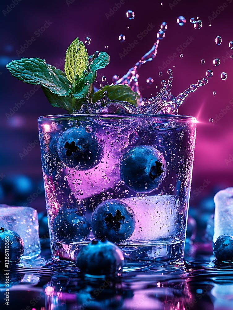 Poster refreshing blueberry cocktail with mint and ice splashes against vibrant colorful background : gener