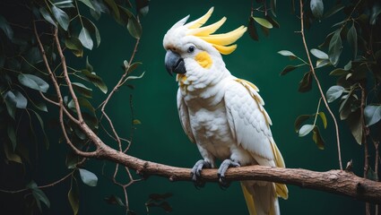 Big white cockatoo with a yellow crest perched on a branch against a green backdrop.