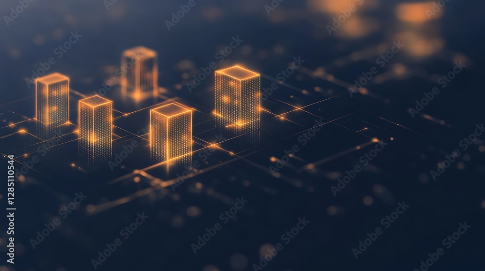 Aufkleber digital representation of glowing buildings on a circuit board background, symbolizing advanced tech