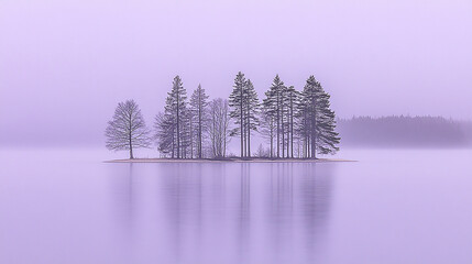 Obraz premium Serene misty landscape featuring a tranquil island with tall trees reflecting in calm water