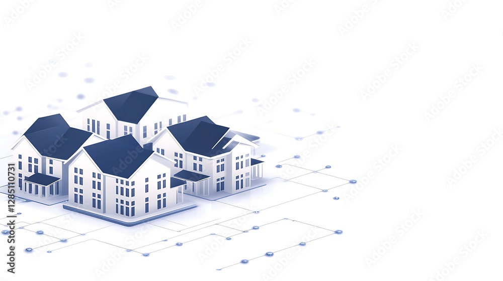 Poster 3D model of modern residential buildings in a digital layout with a clean, minimalist design.