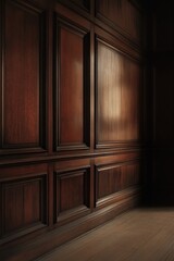 Dark wood paneling wall, interior room, sunlight reflection, home decor