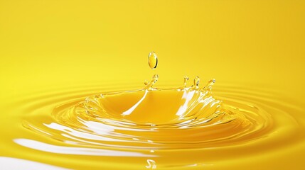 A vibrant yellow liquid splash captured in motion with a droplet creating ripples