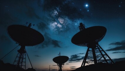 Shadows of satellite dishes and radio antennas set against a starry night sky. Space observatory or air defense radar illuminated by a striking nocturnal backdrop. Creative artistic representation ...
