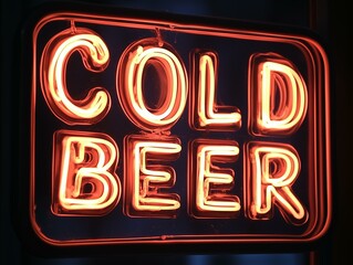 Glowing neon sign advertising cold beer in a vibrant red hue
