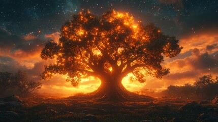 Enchanted Glowing Tree with Magical Lights Reflected on Water