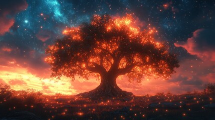 Enchanted Glowing Tree with Magical Lights Reflected on Water