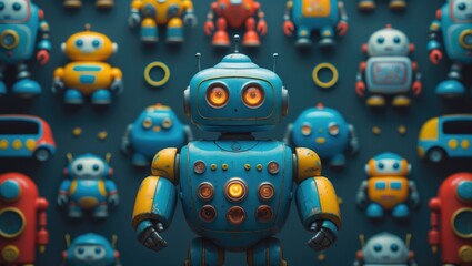 Playful robots and kids' toys arranged in a continuous design