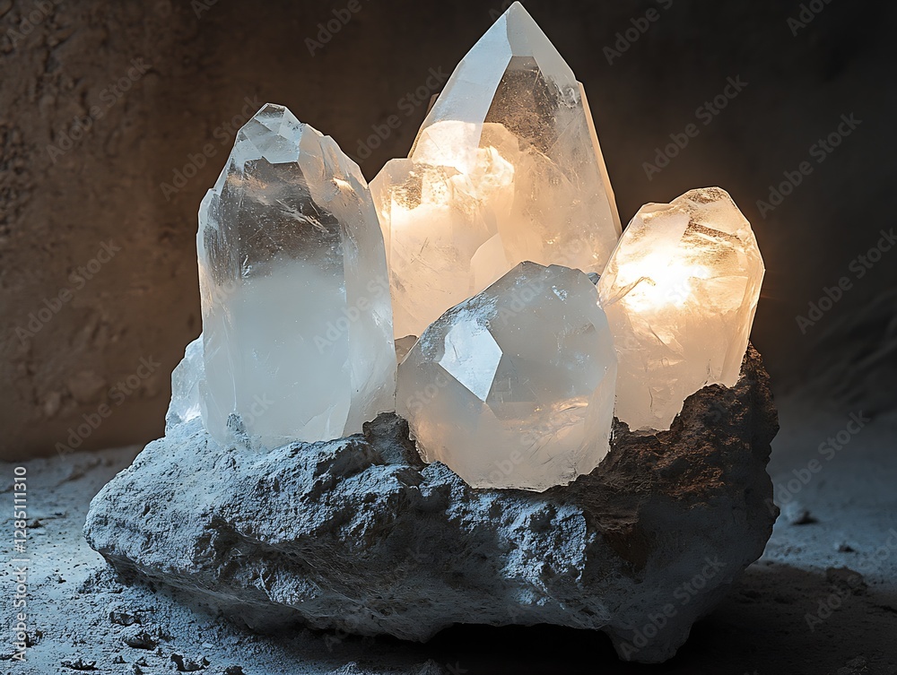 Leinwandbilder illuminated quartz crystal cluster on textured stone creating a mystical ambiance : generative ai