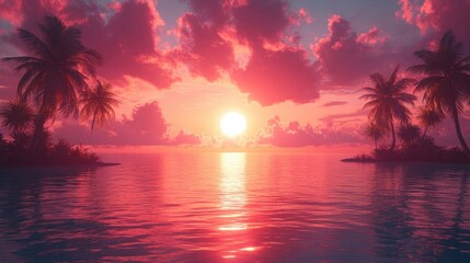 Tropical Beach Sunset with Palm Trees and Flowers in Paradise