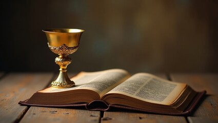 Brass goblet beside an open scripture on a weathered wooden surface.