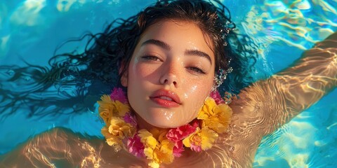 Woman is in a pool with a flower around her neck