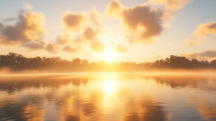 Naklejka premium Serene sunrise over a tranquil lake, with mist rising and trees silhouetted against the horizon