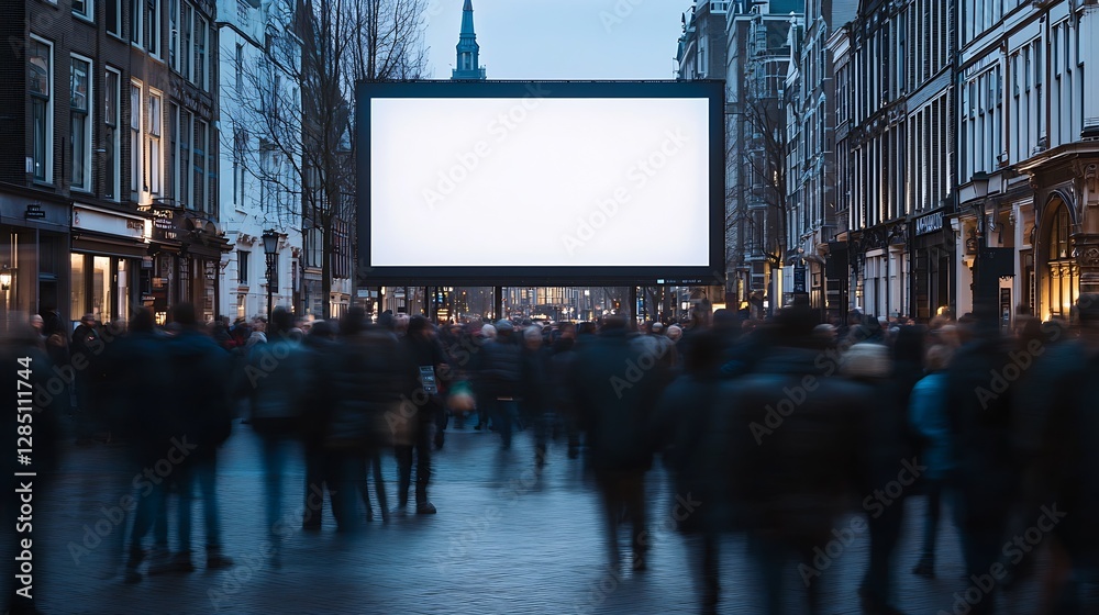 Aufkleber blank advertising billboard in a busy urban street environment filled with crowd during twilight hou