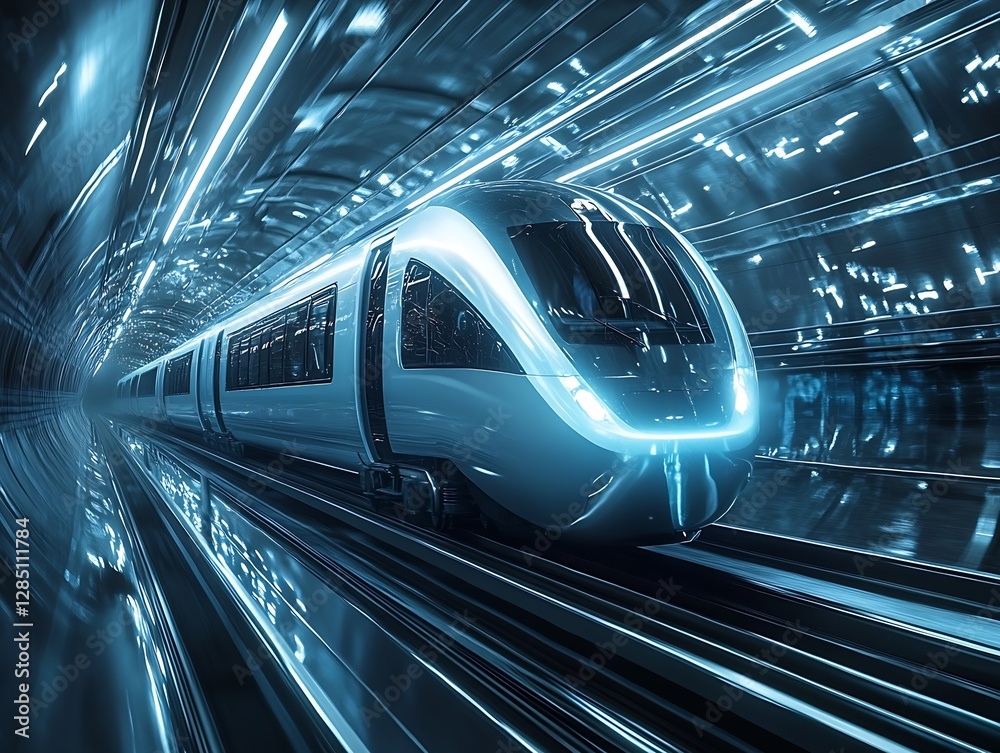 Fototapete Futuristic high-speed train racing through a glowing tunnel creating dynamic light trails : Generative AI