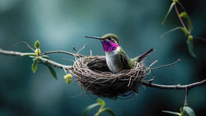 A hummingbird resting in its intricate nest in Rio de Janeiro, Brazil.