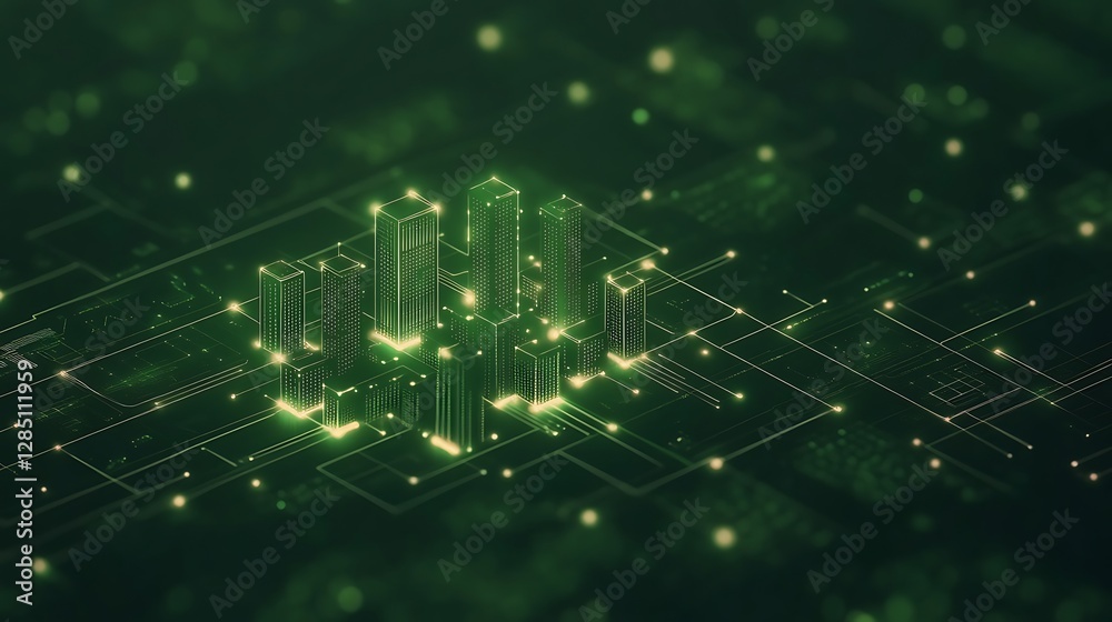 Poster Digital cityscape illuminated in green tones with abstract circuitry patterns.