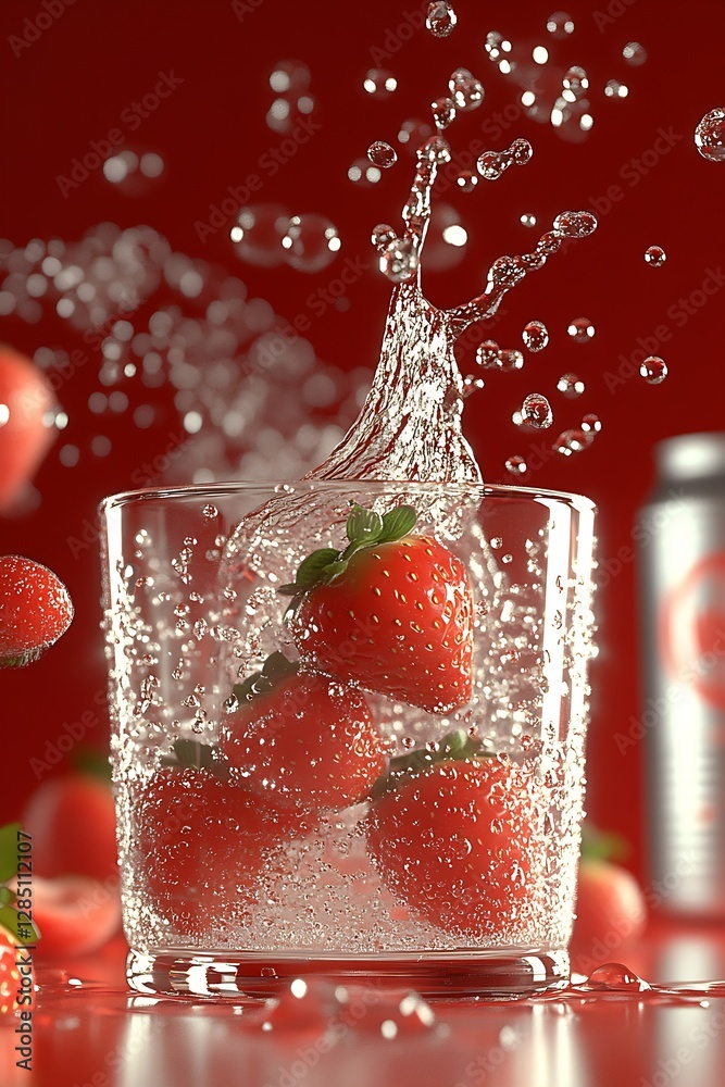 Poster Refreshing strawberries splashing into sparkling water in a glass with vibrant red background : Generative AI
