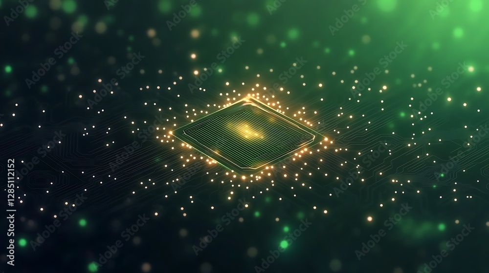 Poster Digital circuit design with glowing particles against a dark background.