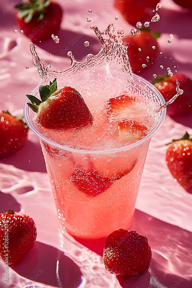 Poster Refreshing strawberry drink splashing in a clear cup surrounded by fresh berries on a vibrant pink background : Generative AI