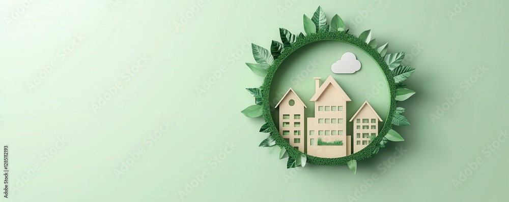 Poster A circular green frame encloses a minimalist depiction of houses surrounded by leaves, conveying themes of nature, sustainability, and eco-friendly living.