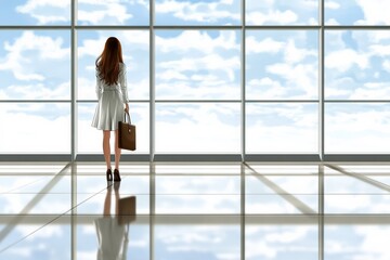 Fototapeta premium Businesswoman Standing by Window Contemplating Future with Briefcase and Bright Sky